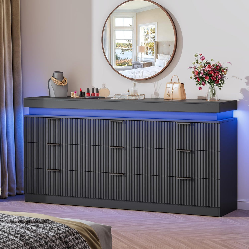 Fluted 9 Drawer Dresser for Bedroom with Charging Station, Black