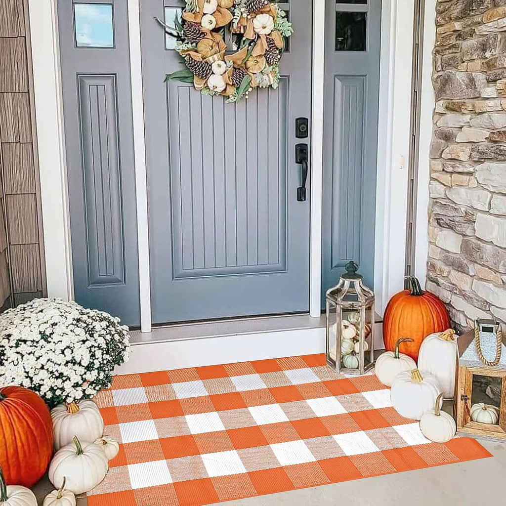 Buffalo Plaid Rug 28 x 43 Inches Fall Outdoor Front Door Decor Mat, Cotton Washable Hand-Woven Rug for Layered Doormat, Autumn Halloween Thanksgiving Carpet for Porch (Orange and White Plaid)