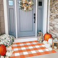 Buffalo Plaid Rug 28 x 43 Inches Fall Outdoor Front Door Decor Mat, Cotton Washable Hand-Woven Rug for Layered Doormat, Autumn Halloween Thanksgiving Carpet for Porch (Orange and White Plaid)