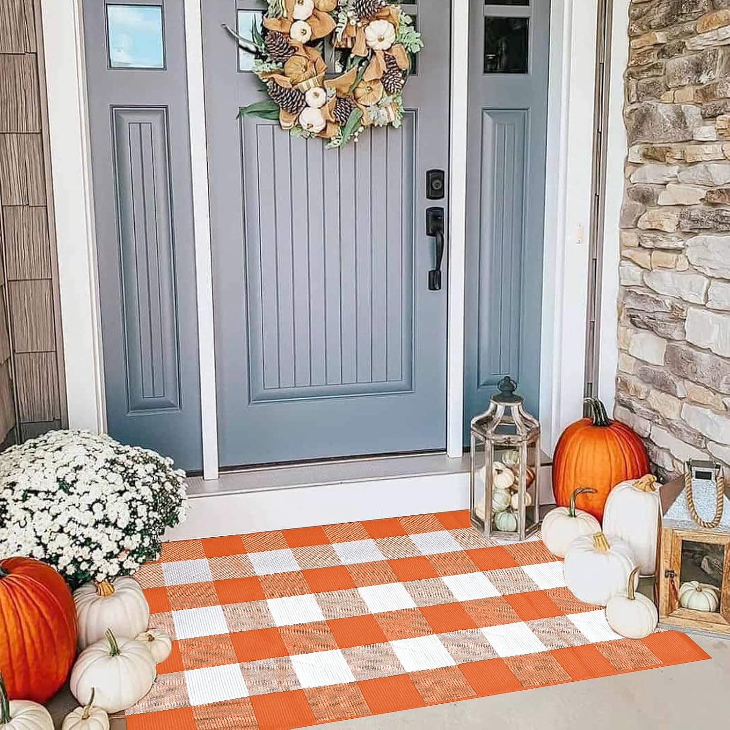 Buffalo Plaid Rug 28 x 43 Inches Fall Outdoor Front Door Decor Mat, Cotton Washable Hand-Woven Rug for Layered Doormat, Autumn Halloween Thanksgiving Carpet for Porch (Orange and White Plaid)