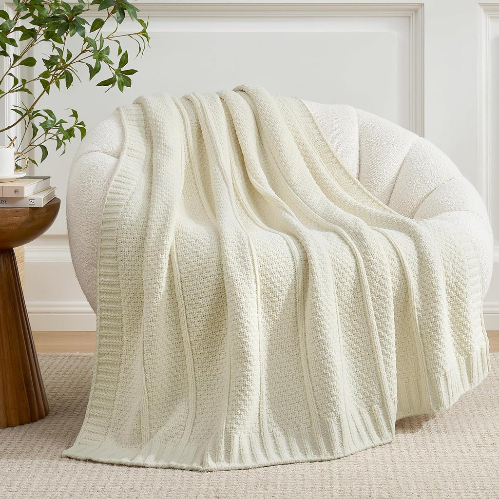 Premium Chenille Throw Blanket, Soft Cozy Moss Stitch Knit Blanket for Couch, Sofa, Chair, Home Decor, Cream White 50"x60"