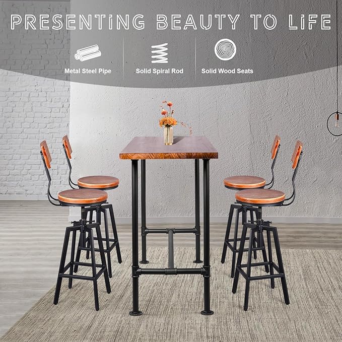 5 Pieces Industrial Dining Table Set Rustic Rectangular High Pub Table with C...