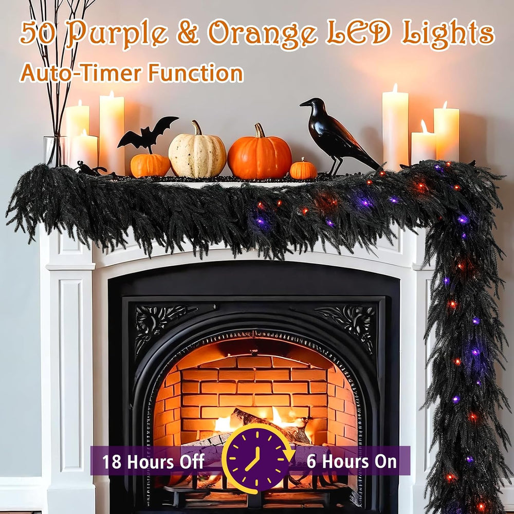 9FT Soft Touch Black Norfolk Pine Halloween Garland with Timer Lights