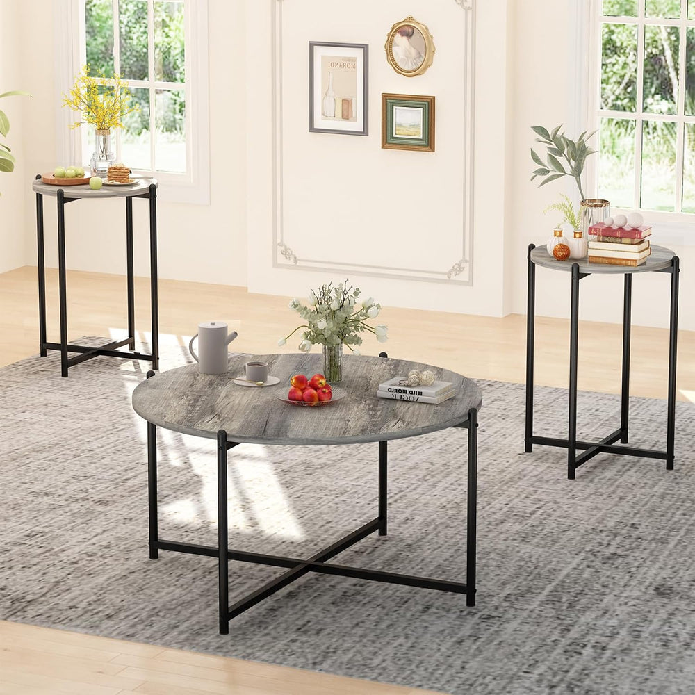 DKLGG Round Coffee Table Set of 3, Farmhouse Wooden Coffee Table and 2 End Ta...