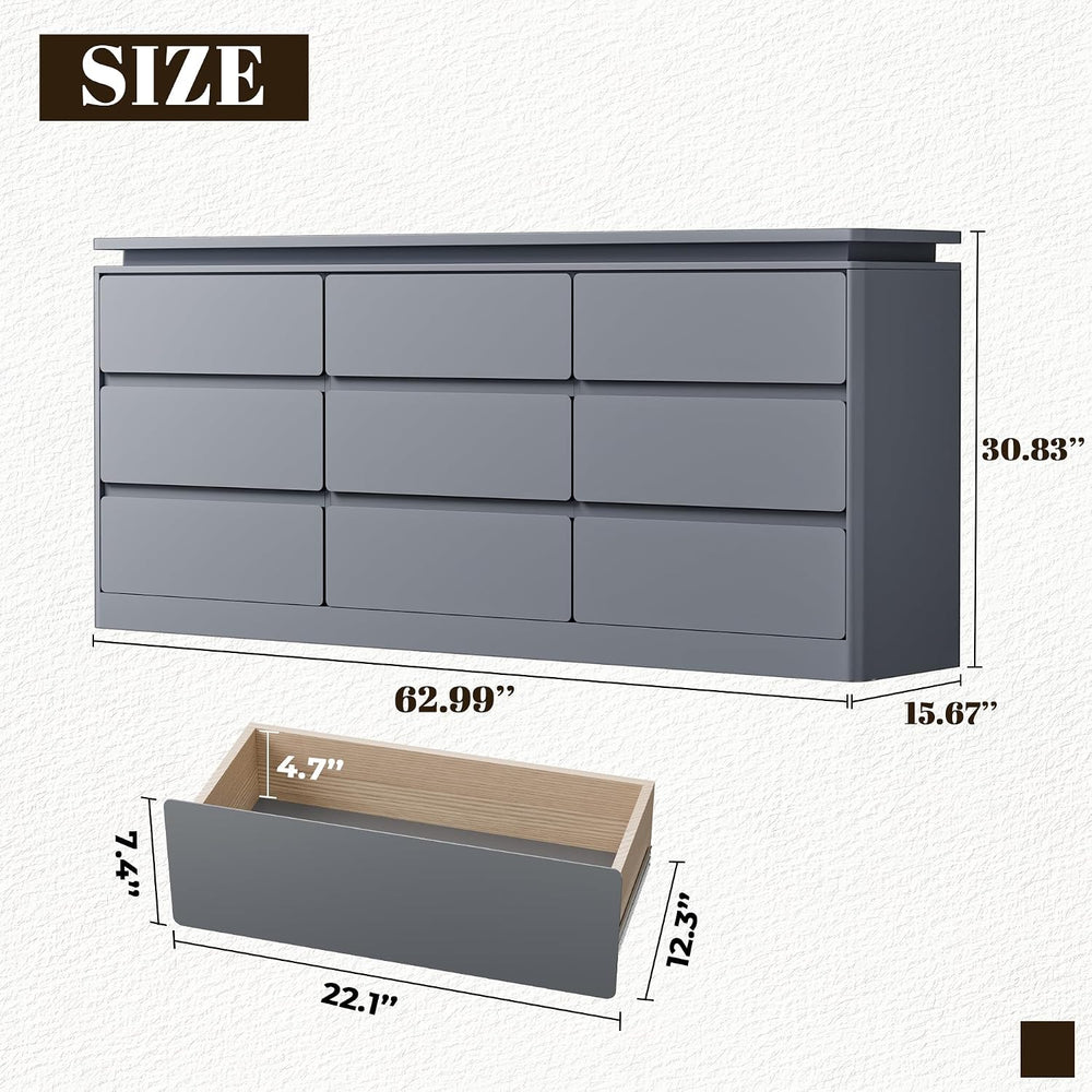 Gyfimoie 9 Drawer Dresser for Bedroom, 62.99" Long Gray Chest of Drawers...