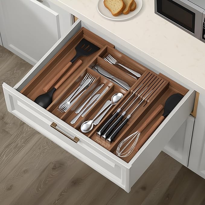 TIOPGHAD Bamboo-Silverware-Drawer-Organizer-Kitchen, Expandable Utensil Holder