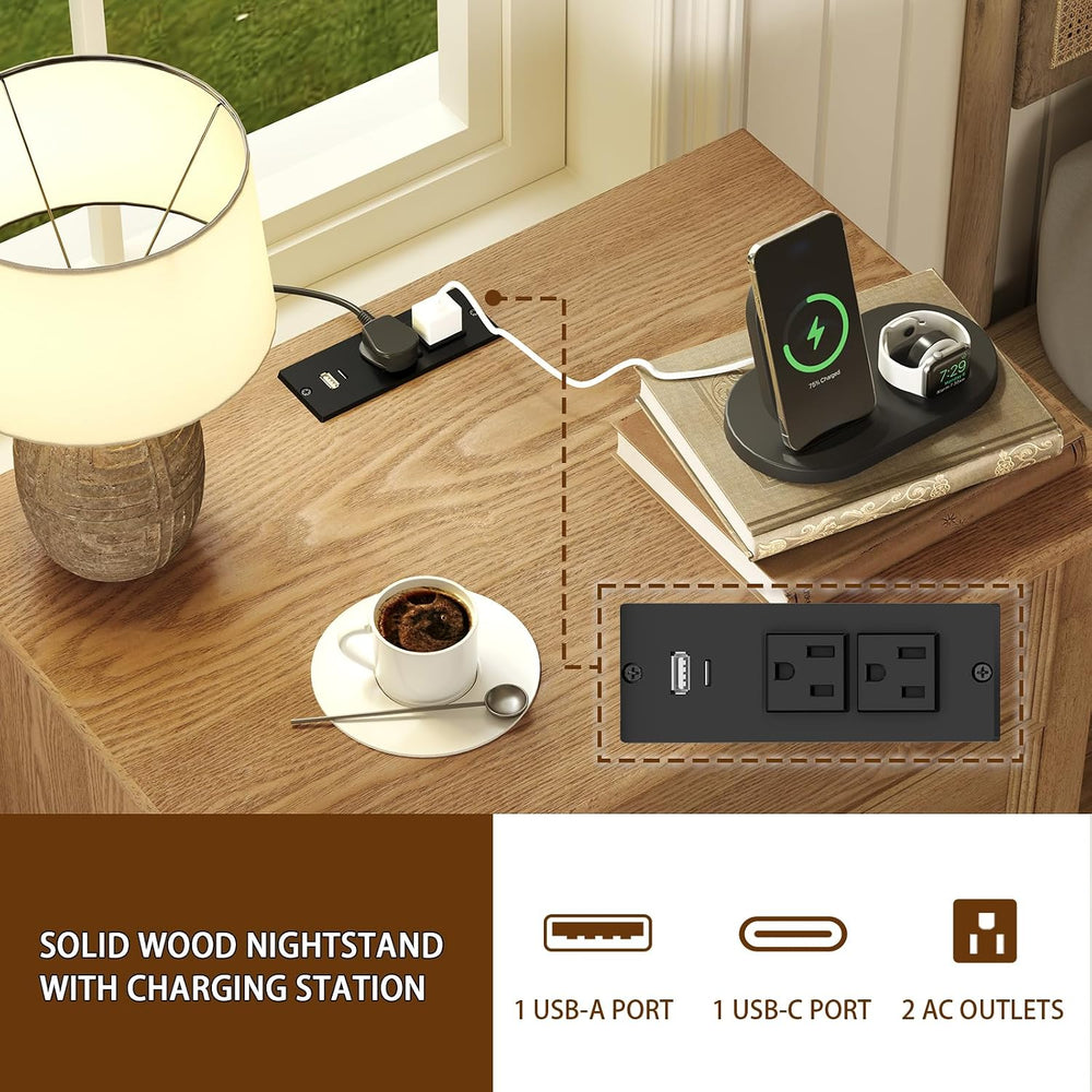 IKENO Solid Wood Nightstand with Charging Station, Wooden End Table with 2 So...