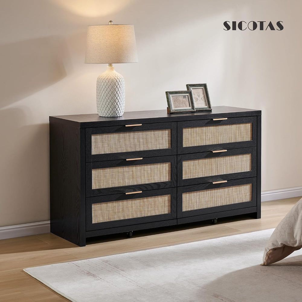 SICOTAS Rattan Dresser for Bedroom, 57" Wide 6 Drawer Dresser