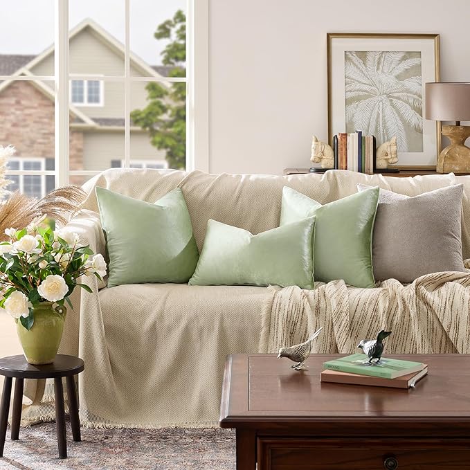 GIGIZAZA Sage Green Pillow Covers 16x16 Throw Pillows Velvet Decorative Sofa - Image 2