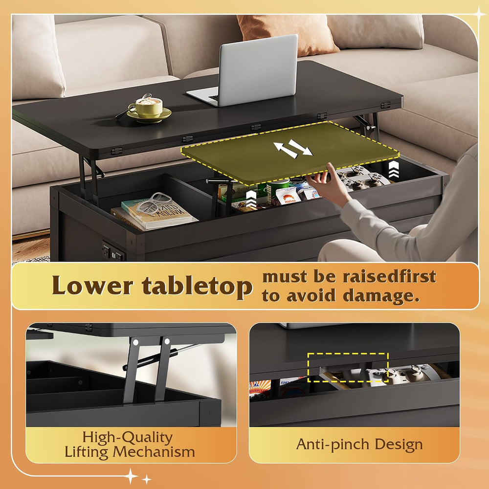 WLIVE 40" Lift Top Coffee Table with Storage, 4 in 1 Coffee Table, Black