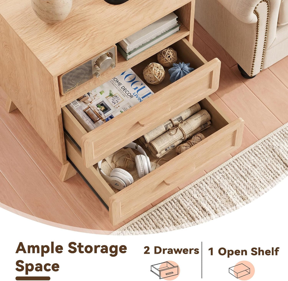YANSNWO Natural Nightstand with Charging Station, 23.6" Tall Bedside Table
