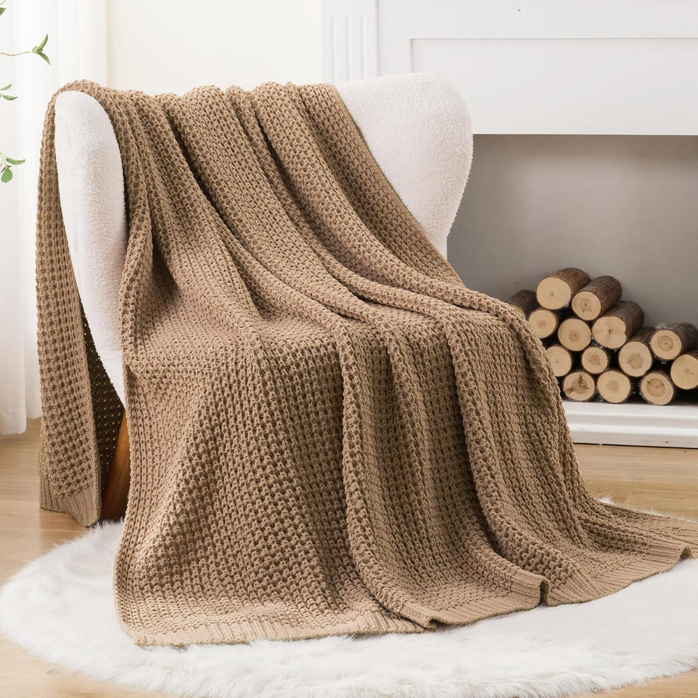 Beige Throw Blanket for Couch, Tan Waffle Knitted Throw Blankets 50"x60&...