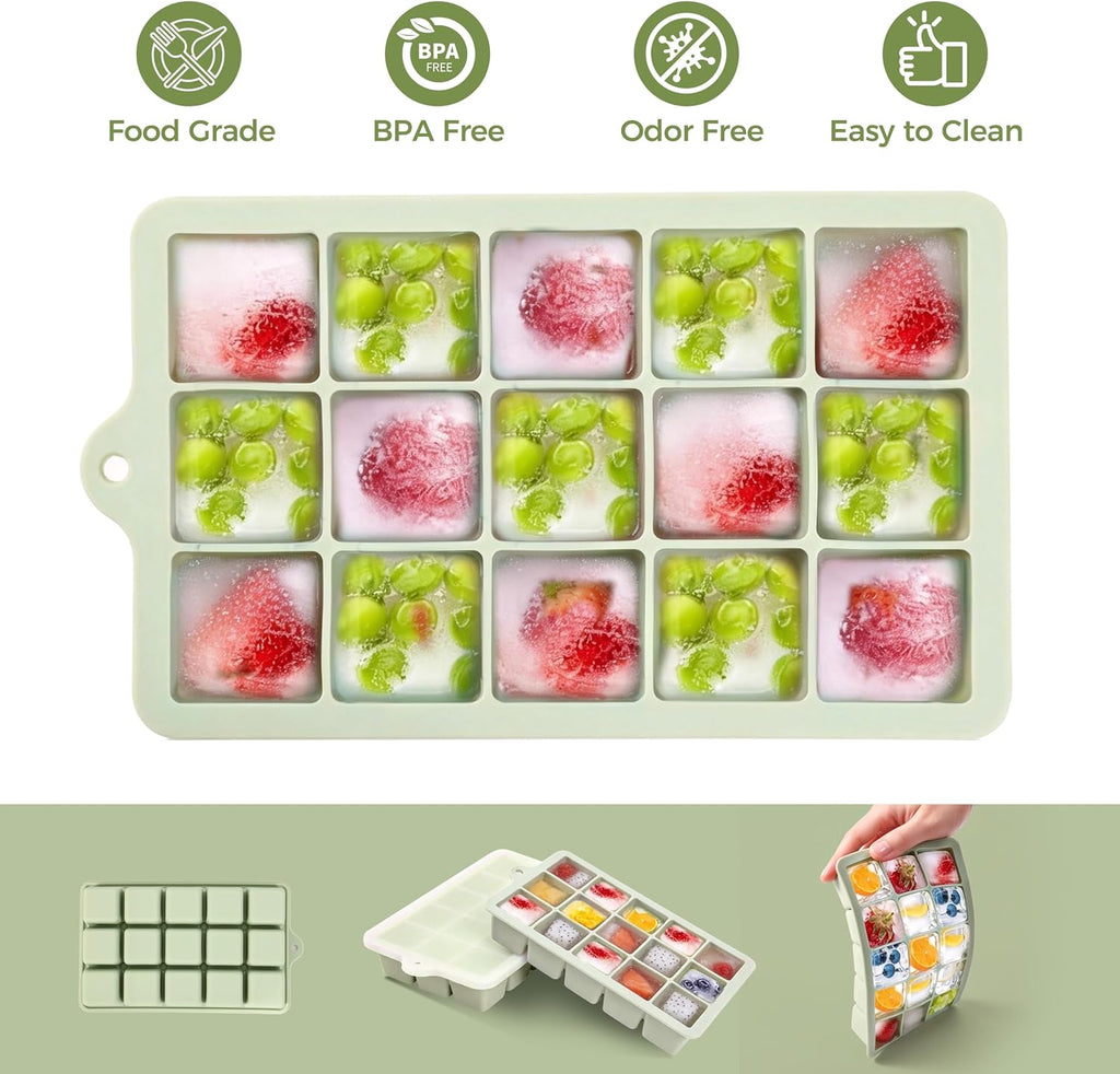 Silicone Ice Cube Trays with Lids(2Pack,Blue+Green) | 15-Cavity Ice Tray Set for Freezer, Easy-Release BPA-free Ice Cube Mold for Whiskey, Coffee, Cocktails and More