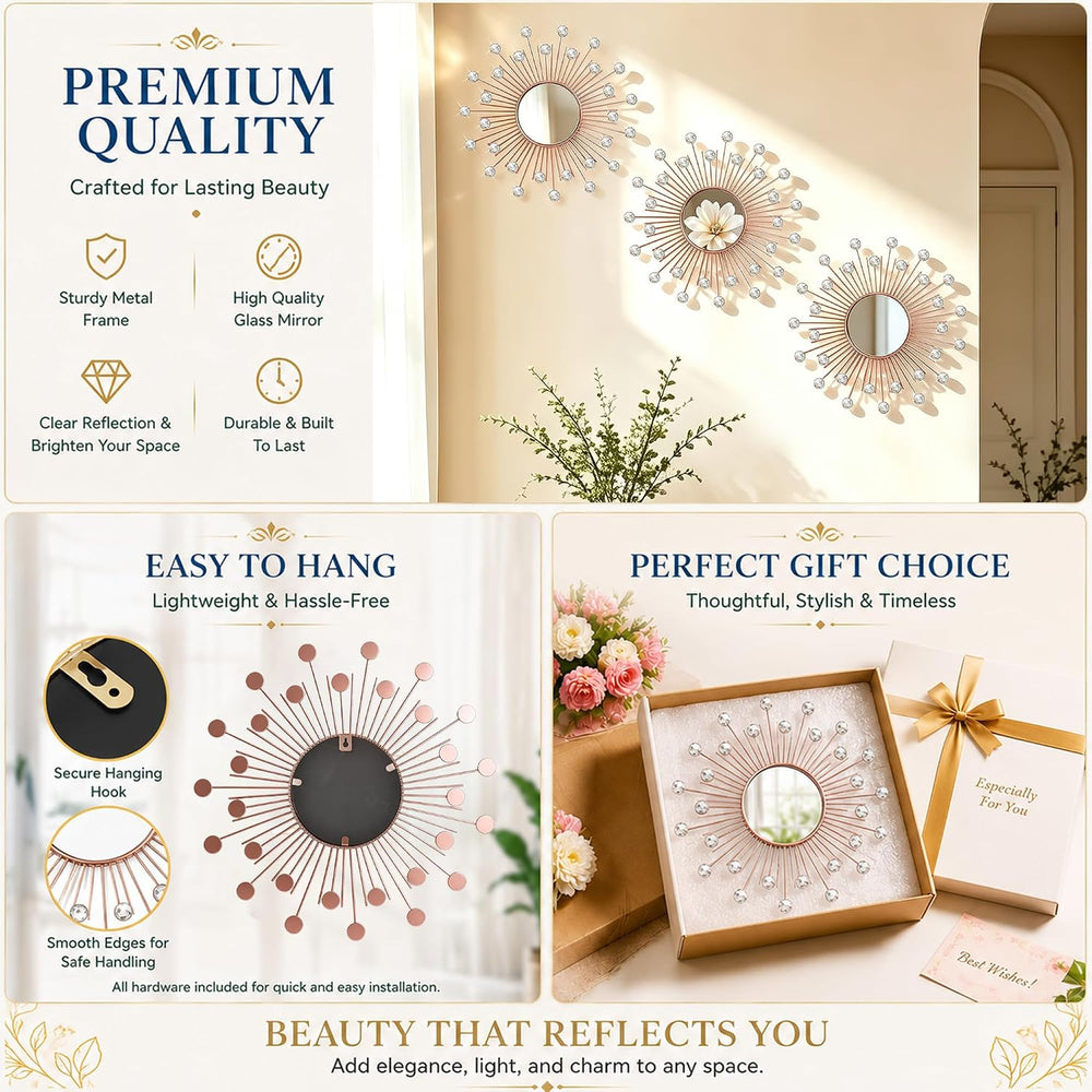 3 Pack Metal Mirrors for Wall Sunburst Wall Mirror Rose Gold Crystal Décor