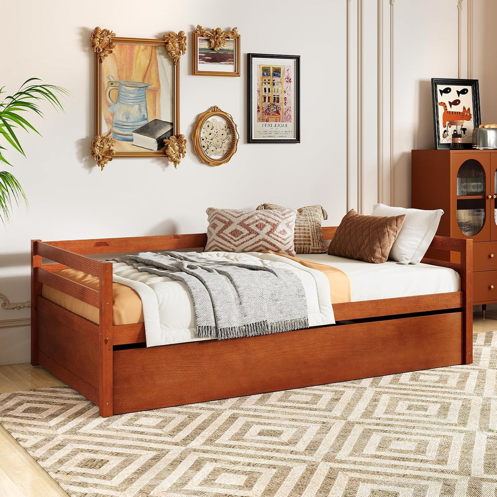 GIANTEX Twin Daybed with Trundle, Wood Trundle Bed with Wood Slat Support, Mi...