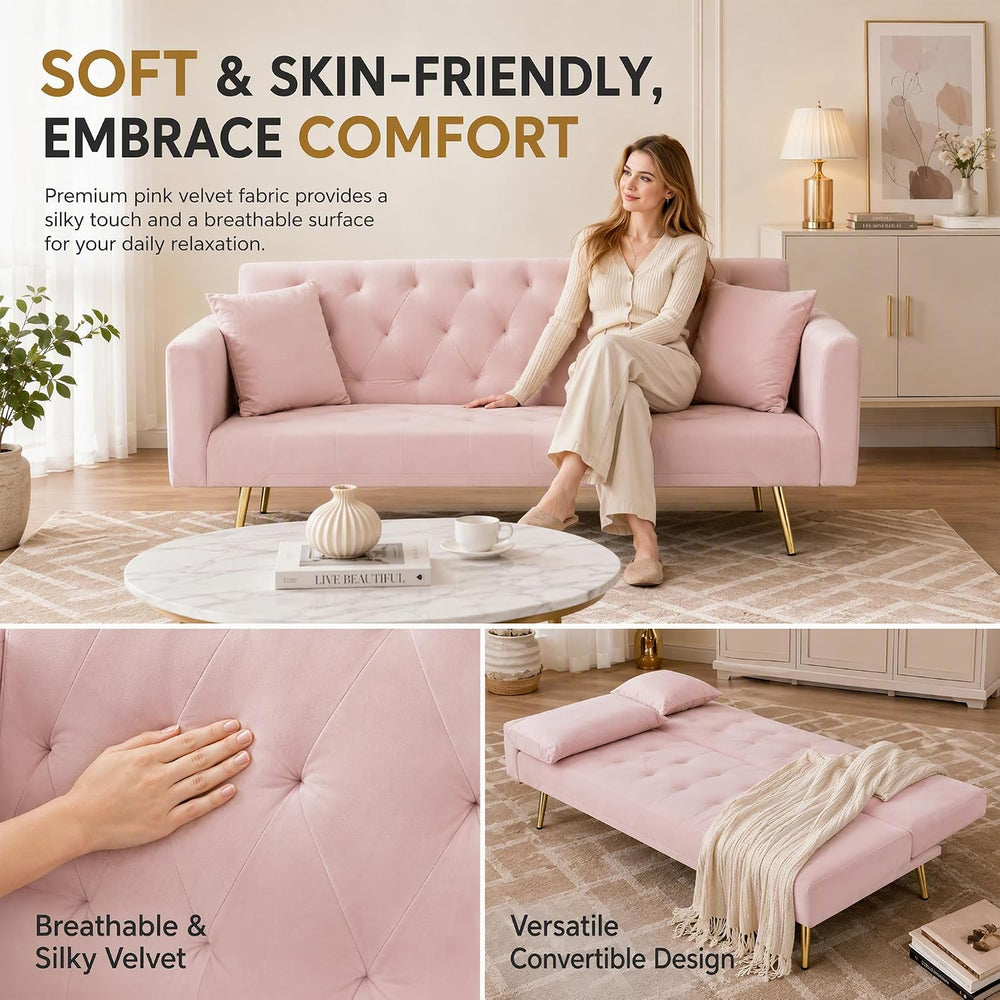71" Pink Velvet Sofa Bed, Convertible Futon Couch, Adjustable Back