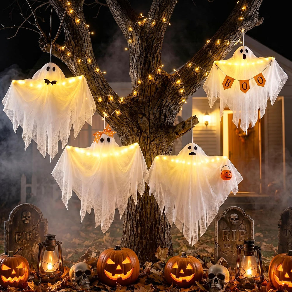4 Pack Lighted Hanging Ghost Decorations with Timer for Halloween Decor