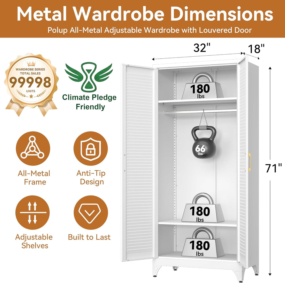 Metal Armoire Wardrobe Closet with Doors, 71" Tall Wardrobe Cabinet