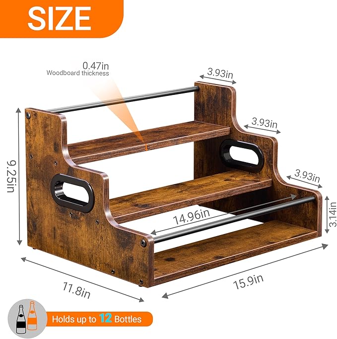 YQBRAO [Upgraded Rustic Wood Liquor Bottle Display Shelf, 3-Tier Liquor Shelf - Image 3