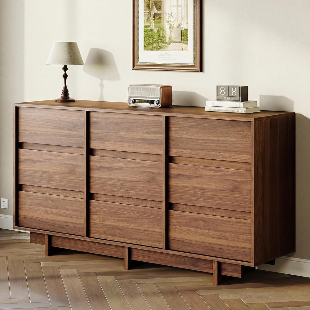 HOUROM 59in 9 Drawer Walnut Dresser for Bedroom, Modern Chest of Drawers