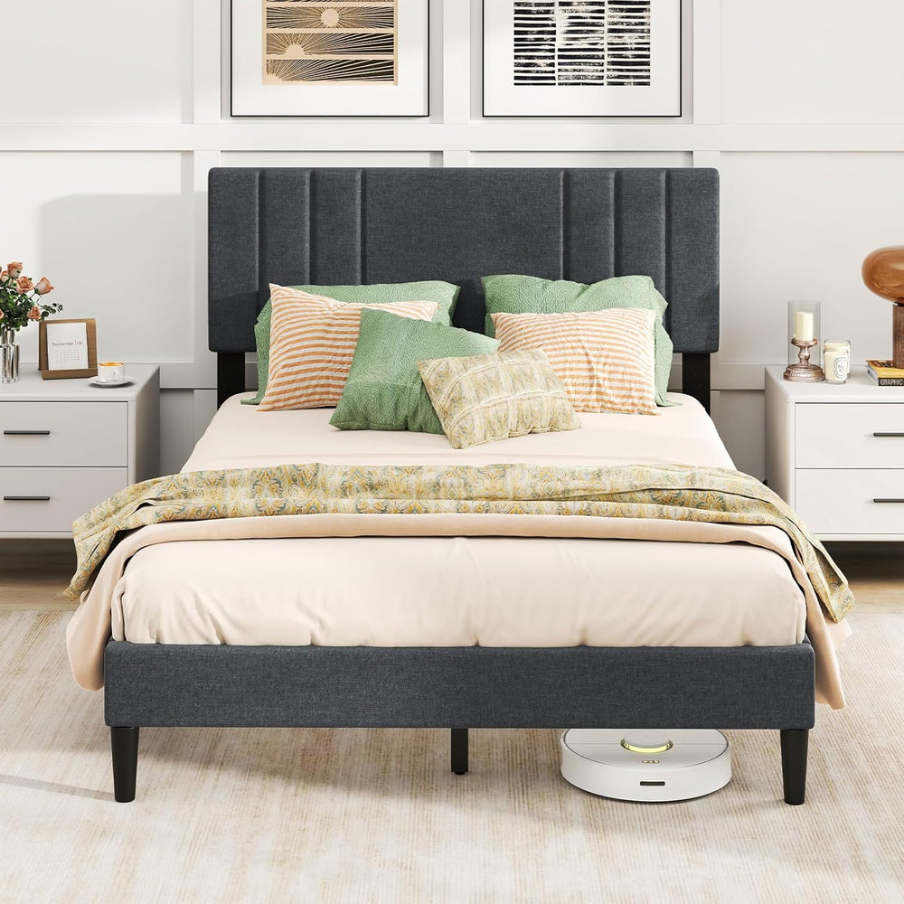 GIANTEX Full Size Platform Bed Frame, Modern Upholstered Bed Frame with Verti...