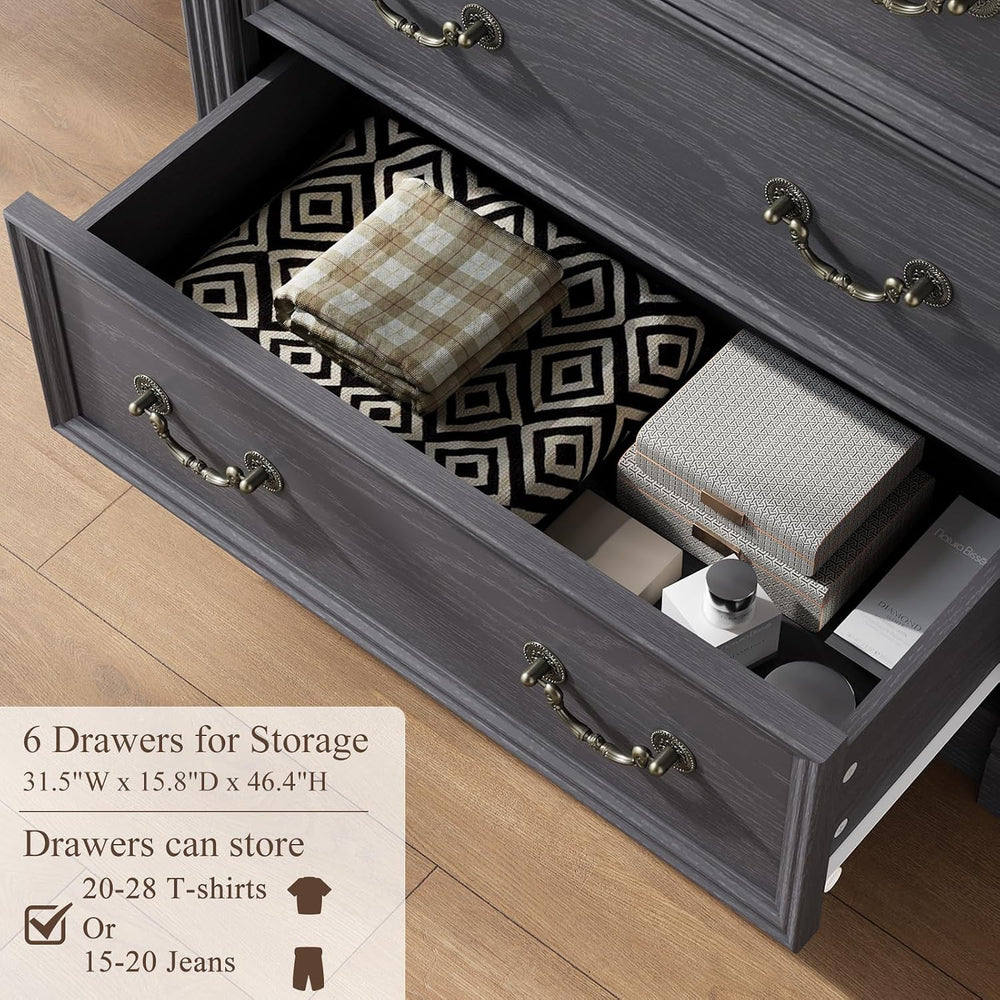Grey 6 Drawer Dresser for Bedroom, 47" Tall Dresser, Wood Rustic Chest o...