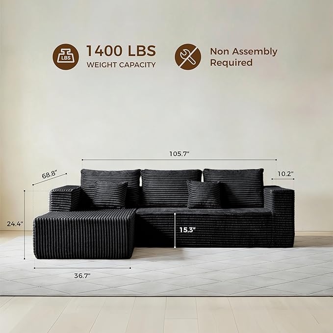 106" Black Corduroy Boneless Modular Sectional Sofa, Cloud-Louch Deep Se...