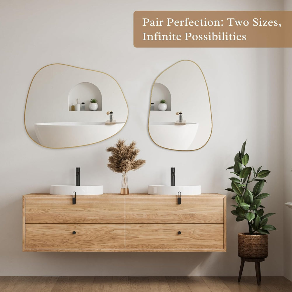 PERFNIQUE Irregular Asymmetrical Wall Mirror, 32"x24" Gold Bathroom...