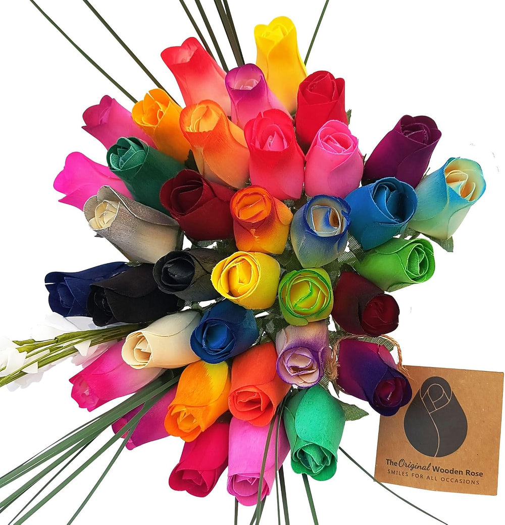 Assorted Colors Wooden Rose Closed Bud Bouquets 3 Dozen