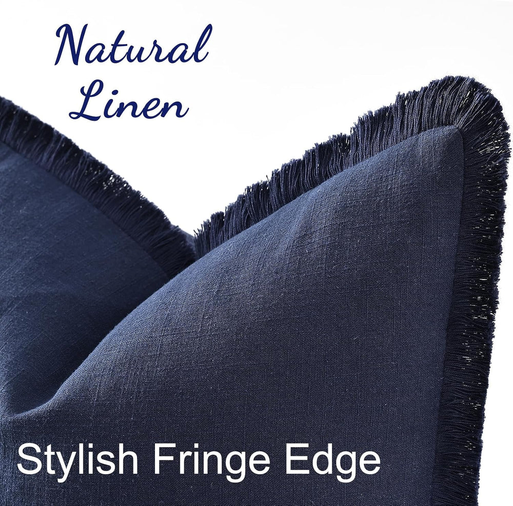 decorUhome Linen Fringe Navy Blue Throw Pillow Covers 18x18 Set of 2