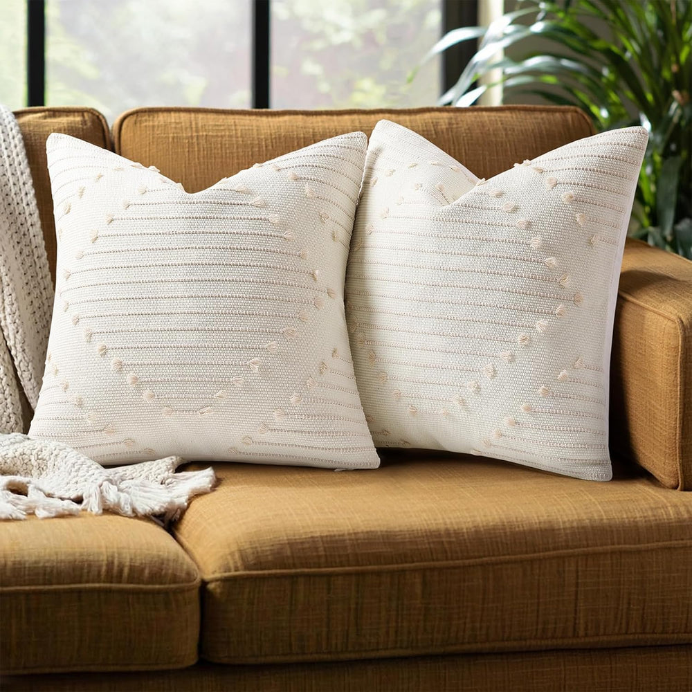 Mecatny Boho Outdoor Throw Pillow Covers 20x20 Set of 2 Beige & Cream White