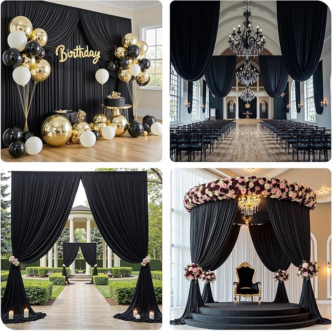 PartyVillage 50ft×15ft Black Backdrop Curtain for Halloween Parties, 10 Panel...