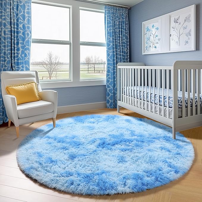 ONASAR Round Rugs 5ft for Bedroom Living Room, Tie-Dye Blue Fluffy Circle Area - Image 8