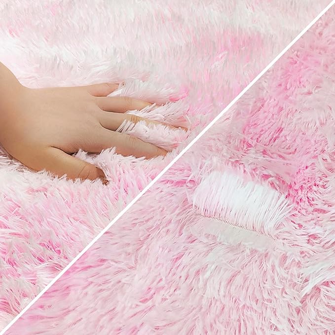 Super Soft Fluffy Living Room Area Rug 2x6 ft Tie-Dyed Light Pink Shaggy Furry - Image 6