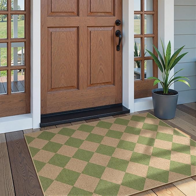 Lahome Colette Green Checkered Easy Jute Rug, 3x5 Washable Outdoor Rug Neutral - Image 6