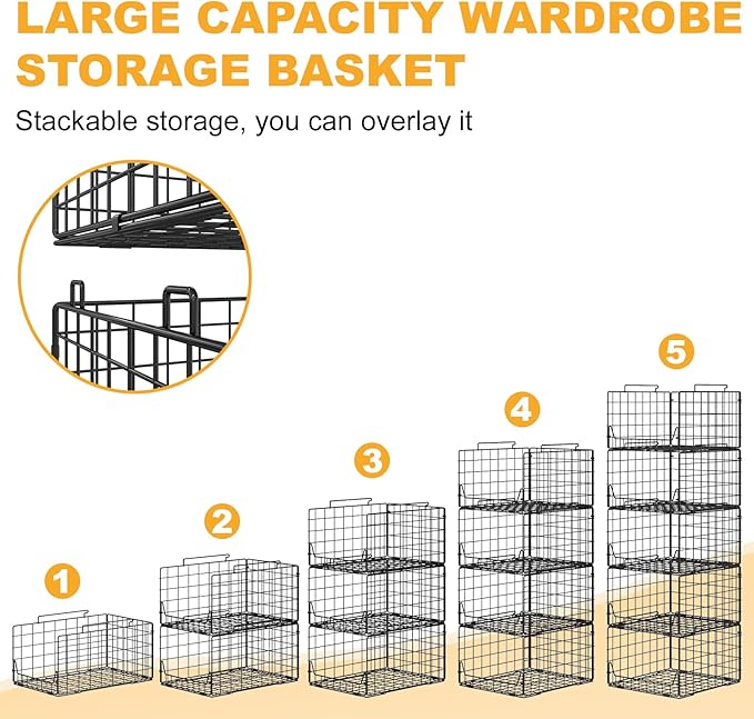 Jakyitvi 5-Tier Stackable Closet Organizer Shelf – Foldable Metal Storage Bins