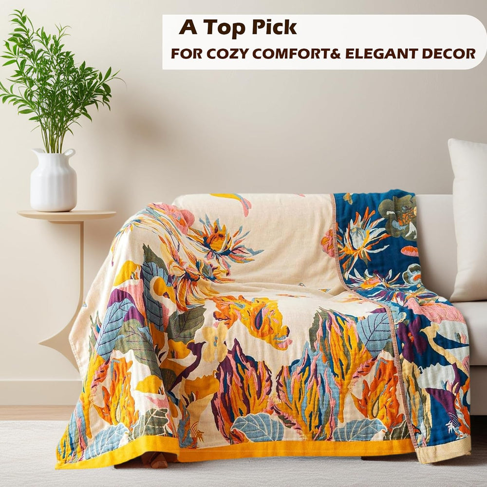 Boho Throw Blanket 100% Organic Cotton 60x80 for Bed Couch, Floral