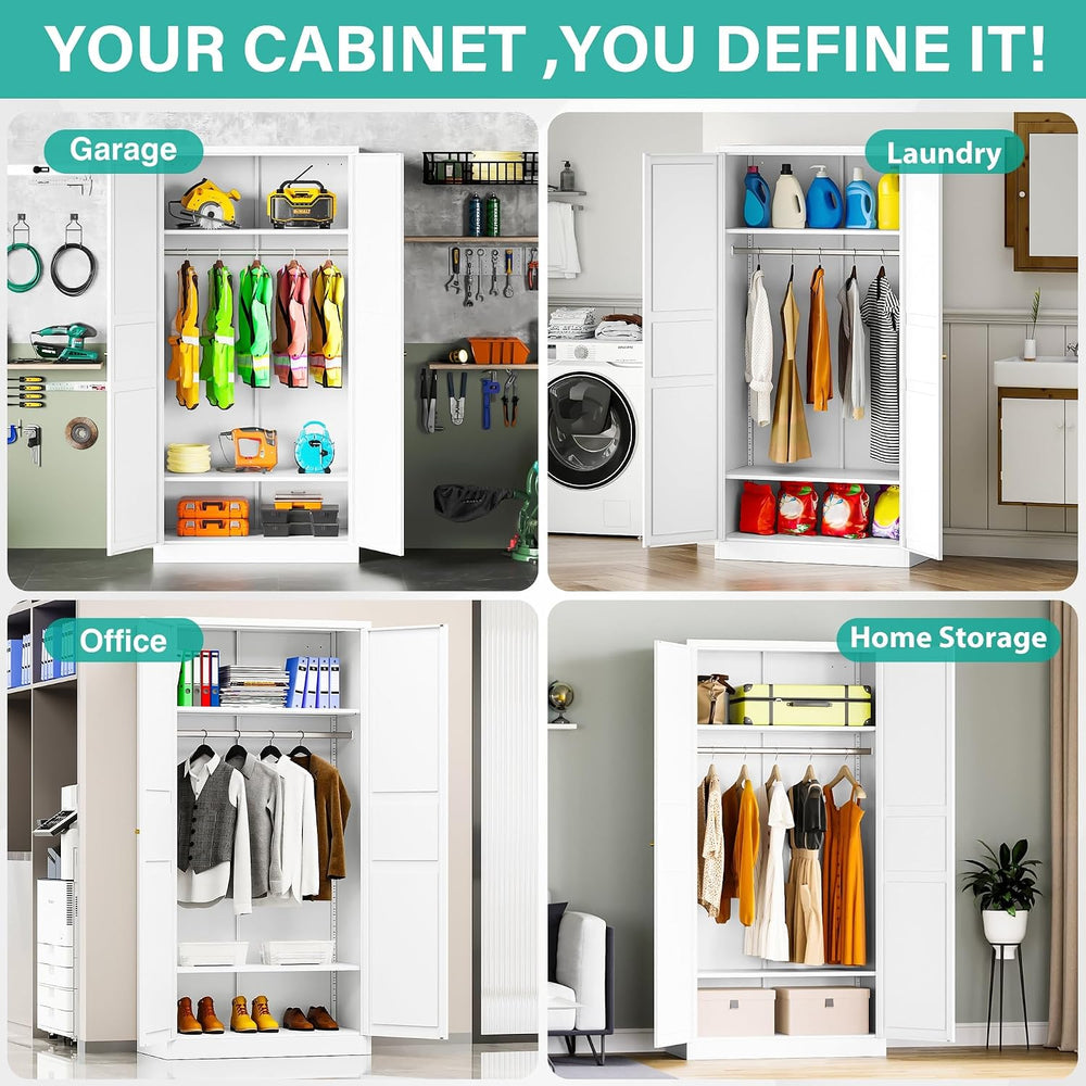 Metal Wardrobe Cabinet with Hanging Rod,White Armoire Wardrobe Closet,Metal C...