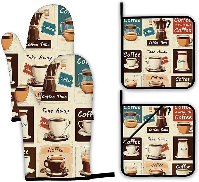 Vintage Coffee Oven Mitts and Pot Holders, Heat Resistant Oven Mitts Gloves and by Unknown