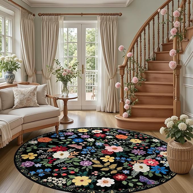 Round Area Rug for Living Room: 6 ft Floral Washable Circle Rug Soft Boho - Image 2