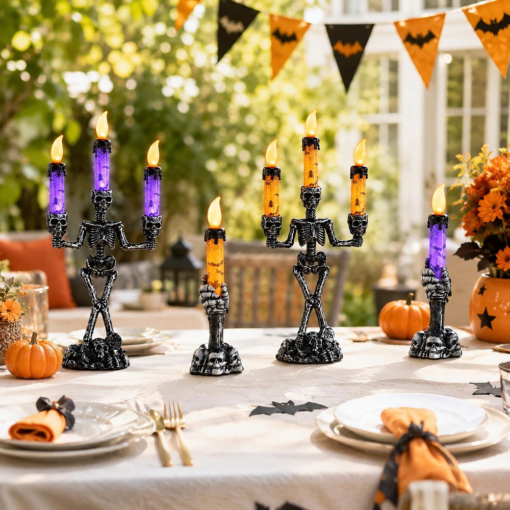 4Pcs Halloween Skeleton Candelabra LED Candle Light, Skull Candelabra Decor
