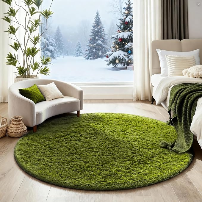 Ophanie Green Round Rug 4Ft Circle Area Rug, Fluffy Fuzzy Bedroom Carpet - Image 5