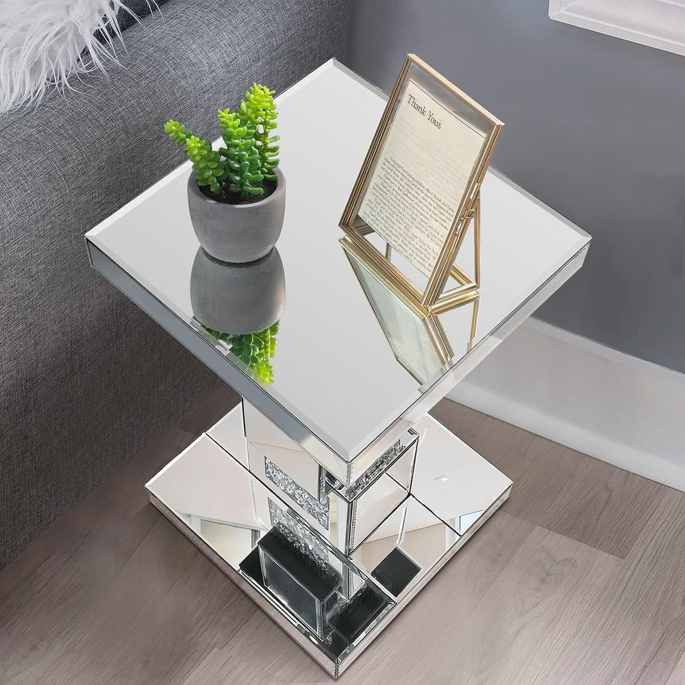 Silver Mirrored End Table With Crystal Inlay, Modern Side Table Accent Table,...
