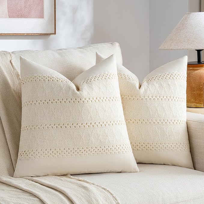 Fancy Homi Set of 1 Boho Cream Decorative Throw Pillow Cover 16x16 Inch - Image 2