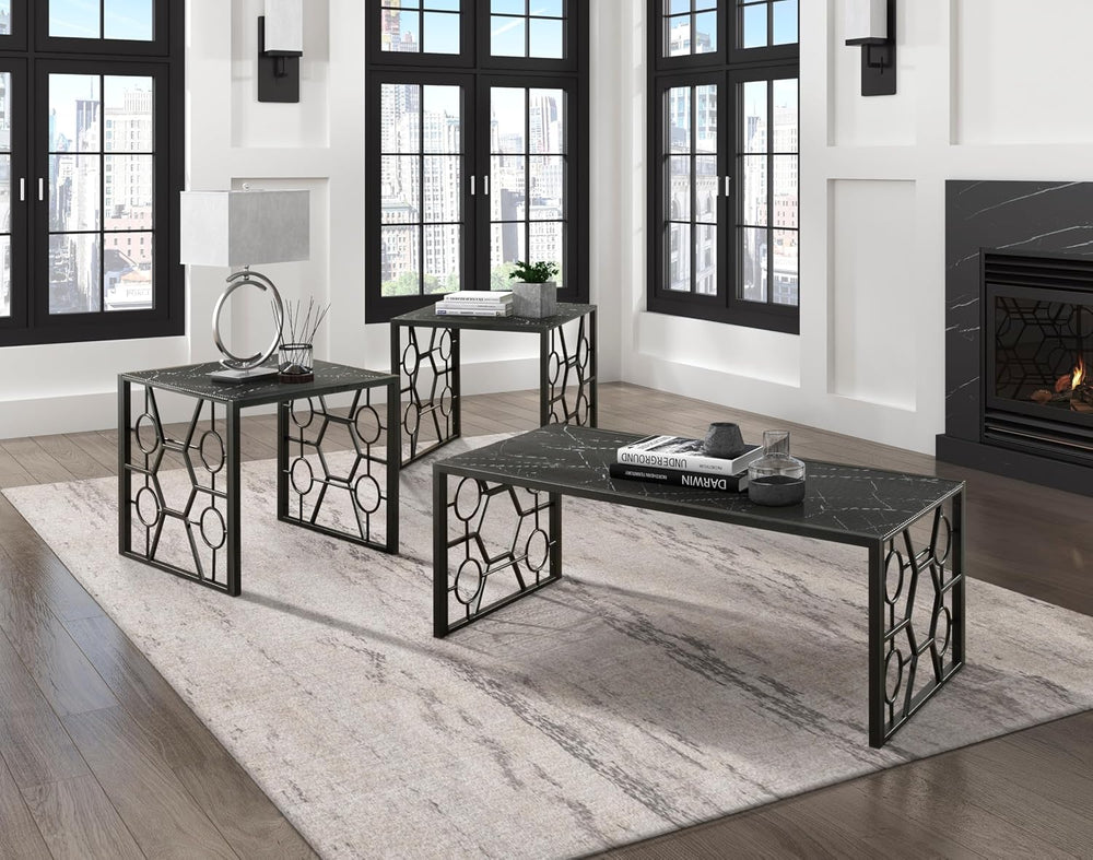 Polay 3pc Stylish Occasional Table Set Marble Print Tempered Glass Top | Feat...