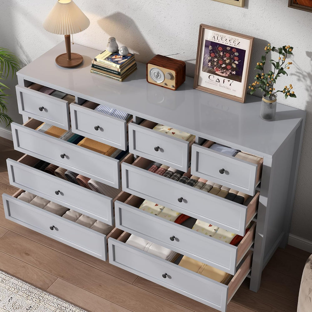 Grey Dresser with 10 Drawers, Farmhouse Chest of Drawers for Bedroom