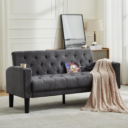 62" W Loveseat Sofa w/ 2 USB Charger Ports and 2 Cupholders