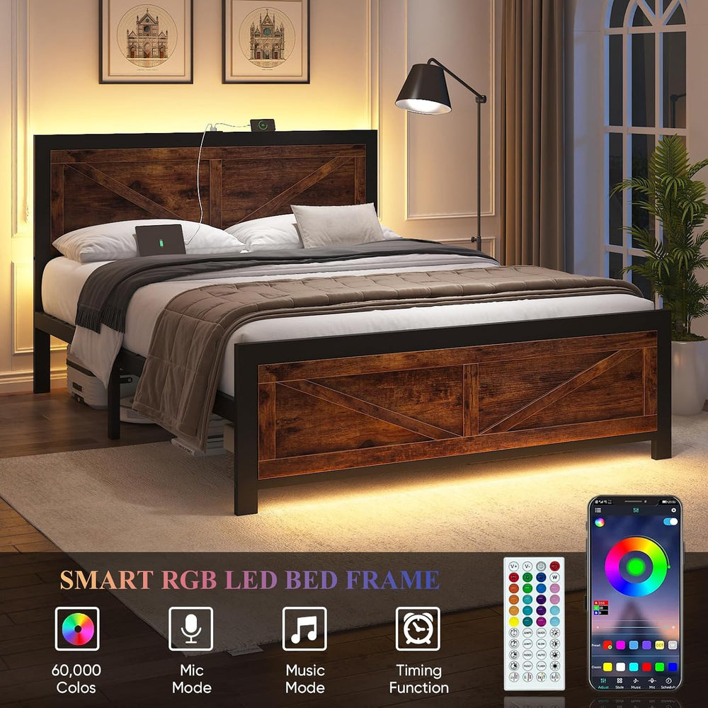 DOGIBIXO Full Size Bed Frame with Led Lights and Charging Station, Platform F...