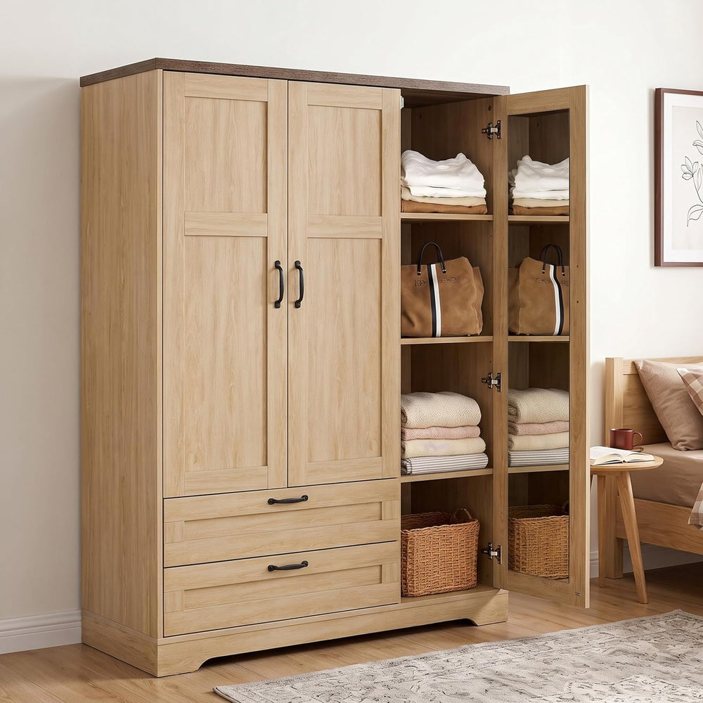 Brafab 62" Wooden Armoire Wardrobe Closet with Mirror, Natural, 3 Doors