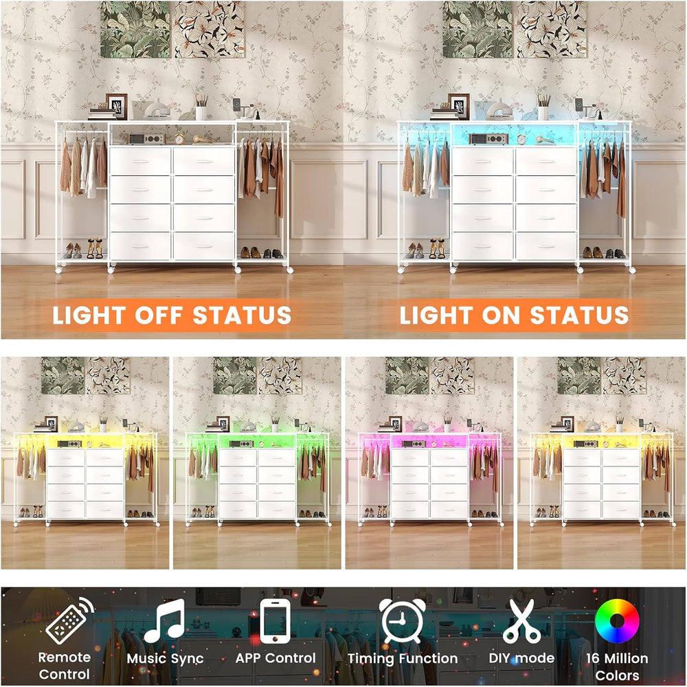 59.1" W Dresser for Bedroom with Hanging Rack, 8 Drawer Dresser with LED...